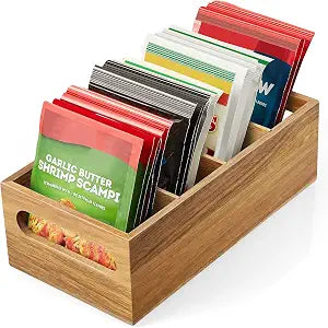 DRASTAR Pantry Organization and Storage Bins, Acacia Wood Seasoning Packet Organizer with Removable Dividers,Storage Caddy for Kitchen, Pantry, Cabinet, Countertop