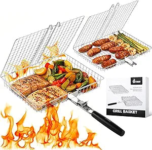 Nesting Grill Baskets, 2pcs Grilling Baskets for Outdoor with Removable Handle, Stainless Steel BBQ Camping Cooking Accessories Tools for Fish, Vegetable, Shrimp - Gifts for Men Dad Husband