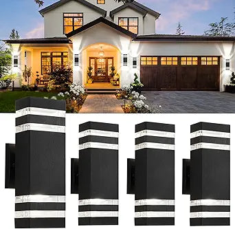 tewei 4 Pack Outdoor Wall Lights, Modern Exterior Light Fixture Wall Mount Black Outdoor Lights for House Waterproof Aluminum Up and Down Porch Lights Outdoor Wall for Porch Patio Garage, 2-Layer