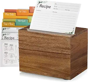 DRASTAR Recipe Card Box, Acacia Recipe Holder 4x6, Recipe Organizer with 50 Cards and 6 Dividers, Index Card Box, Wooden Box for Kitchen Countertop