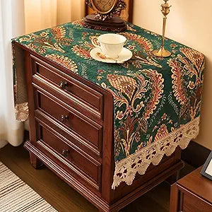 Nightstand Cover with Lace Trim Floral Pattern :Slip-Resistant Dustproof Table Cover for Bedroom & Living Room Furniture, Coffee Table, Side Table(Mdll Emerald Floral,51.2" L x 15.7" W)