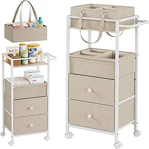 Modanais Baby Diaper Caddy Organizer Cart with Drawers - 3In1 Rolling Storage Cart with Wheels, Removable Diaper Caddy, Detachable Dividers - for Crib, Bedroom, Art & Craft Organizer (Off White)