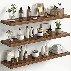 Fun Memories Floating Shelves for Wall 40 Inch Set of 3, Farmhouse Floating Shelves with Invisible Heavy Duty Bracket, 10 Inch Deep Bathroom Shelves for Storage, Living Room, Kitchen, Decor, Brown