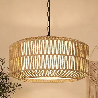 9"-52" Height Adjustable Farmhouse Chandelier Light Fixture, 5-Light Rattan Boho Chandeliers for Dining Room, Hand Woven Pendant Light with Linen Shade, Rustic Hanging Lighting for Kitchen Island