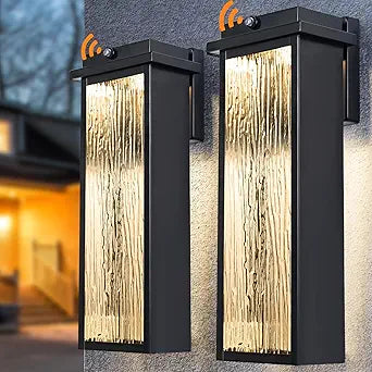 Black LED Dusk to Dawn Outdoor Lighting 2 Packs, 16" Large Outside Farmhouse Wall Lantern, Industrial Porch Wall Mount Light Fixture with Rippled Glass, Waterproof Modern Exterior Sconce Lamp