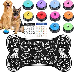 Dog Buttons for Communication,10 Pcs 10 Color Talking Button Set with 30s Recordable Voice Pet Training Buzzers with Mat & 2 Stickers, Talking Buttons for Dogs & Cats (Batteries Not Included)