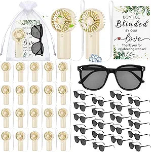 Kingdder 20 Set Wedding Favors for Guests Mini Fans Black Sunglasses Portable Handheld Battery Operated Fan with Thank You Cards Organza Bags for Bridal Shower Wedding Bridesmaid Gifts