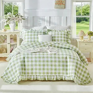 Joyreap 2pcs Ruffle Quilt Set Twin, Sage Green Gingham Plaid Ruffled Design, Soft Cozy Microfiber Farmhouse Bedspread Coverlet for All Season- 68x88 inches