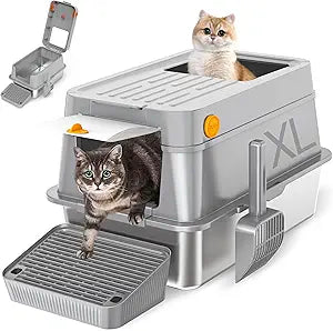 Mlzao 20L Stainless Steel Cat Litter Box with Lid, XL Enclosed Metal Litter Box with Hinged Flip-Top, Leakproof High Sides for Odor Control, Top/Front Dual Entry for Large Cats 24"  15"  16" - Grey