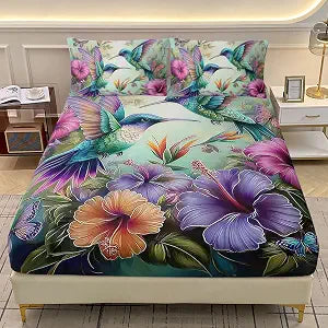 AILONEN Beautiful Hummingbird Fitted Sheet Set Twin XL Size, Colorful Flower Bird Print Sheets Set for Girls Women,3 Pieces Soft Fitted Sheet with 2 Pillowcases