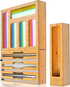 9 IN 1 Bamboo Foil and Plastic Wrap Organizer for Kitchen Drawer, Plastic Bag Organizer Organization and Storage, Food Storage Bag Organizer with Labels for Quart Gallon Snack Sandwich
