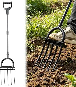 Broad Fork Garden Tool, 55" Heavy Duty 5 Sharp Tines BroadFork Hand Tiller Garden Pitchfork with Ergonomic Handles for Spading Digging Fork Gardening Cultivating Composting and Loosening