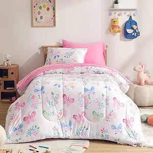 SLEEP ZONE Kids Comforter Set Full/Queen Size, Jersey Knit 7 Pieces Bedding, Super Soft and Breathable Comforter with Sheets, Pillowcases (Butterfly Garden)