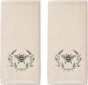 SKL Home Bee Lavender 100% Cotton Embroidered 2pc Hand Towel Set, Decorative for Bath/Kitchen/Bar & Gift, Natural