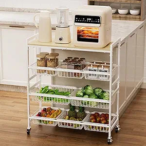 Cinati 4-Tier Utility Kitchen Cart with Wood Top, 29" W Kitchen Storage Cart with 8 Baskets & Handle, Metal Snack Cart with Wheels, Adjustable Pantry Organizer and Storage Cart for Fruit, Vegetables