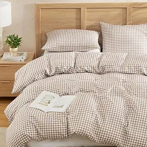 Andency Gingham Duvet Cover King Size, Tan Brown Checkered Plaid Bedding Set, 3 Pieces Soft Prewashed Polyester Comforter Cover with Zipper Closure & Corner Ties