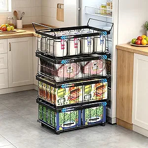 Freezer Organizer Bins Stackable: 4 Pcs Heavy-Duty Metal Bins Expandable 11.81" to 17.72" Chest Freezer Baskets with Foldable Handles for 5+ cu.ft Deep Freezer Kitchen Black