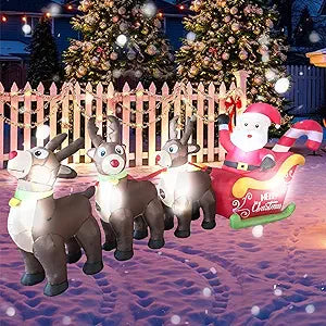 10 FT Long Christmas Inflatables Outdoor Decoration, Santa Sleigh & Reindeer Inflatable Blow up Yard Decorations with Built-in LEDs for Xmas Holiday Garden Party Patio Lawn Decor