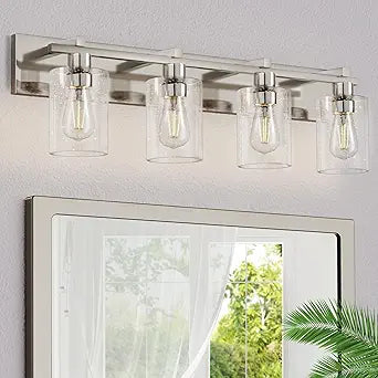 Bathroom Vanity Light, 4 Light Brushed Nickel Vanity Lights with Thickened Seeded Glass Shade, 30 inch Modern Bathroom Light Fixtures, Bathrooms Lights Fixtures Over Mirror
