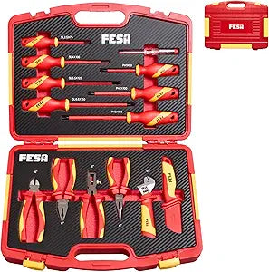 FESA Insulated Electrician Tool Set - 1000V 14-Piece Insulated Tool Set with 7 Insulated Screwdrivers, 1 Voltage Tester, 4 Insulated Pliers & More - 1000 Volt Hand Tool Set with a Durable Storage Case