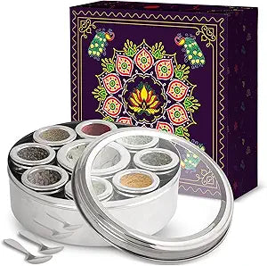 KSJONE Large Spice Container Masala Dabba With 9 Compartments, Masala Box, Spice Container Box, Stainless Steel Spice Box Indian Masala Dabba with Transparent Lid