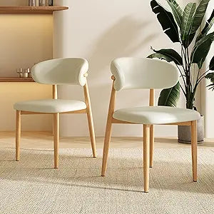 Dining Chairs Set of 2 for Kitchen Dining Table Mid Century Modern Farmhouse Upholstered Leather Dining Room Chairs with Metal Legs, Original Beige