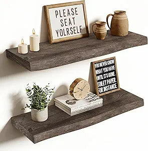 Vivelove Live Edge Floating Shelves 24 inch, Solid Elm Wood Wall Display Shelf with Invisible Bracket for Living Room Bedroom Bathroom Office, Rustic Farmhouse, 24x8x1.4 inch - Dark Walnut