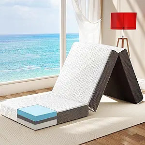 Hanherry 4 Inch Foldable Mattress Single Size, Tri-Folding Portable Memory Foam Topper Floor Bed with Storage Bag, Washable Cover for Travel, Camping, RV, Guest