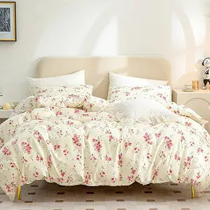 CottonLife Floral Queen Duvet Cover 100% Brushed Microfiber 3 Pieces Queen Bedding Sets, Red Floral Chic Garden Style Floral Pattern Queen Duvet Set Print with Zipper Closure