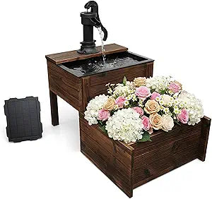 Outdoor Water Fountain, Floor Wooden Rectangular Double-Layer Old-Fashioned Hand Pump Fountain with Flower Box, Solar-Powered Electric Decorative Water Feature for Garden Patio Backyard