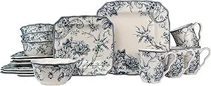 222 Fifth Adelaide Blue 16-Piece Floral Porcelain Dinnerware Set | Microwave and Dishwasher Safe Dining Set for 4 | Stackable and Chip-Resistant Plates Bowls and Cups | Gift for Housewarming & Wedding