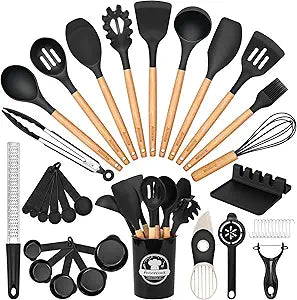 Astercook 39 PCS Kitchen Utensils Set, Silicone Cooking Utensil Sets with Wooden Handle, 446F Heat Resistant Food Grade Spatula Set, BPA Free Kitchen Gadgets Tools Set & Spoons for Nonstick Cookware
