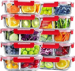 VERONES 10 Pack Glass Meal Prep Containers 2 Compartment Set, 30 OZ Airtight Glass Lunch Containers, Glass Food Storage Containers with Lids, for Microwave, Oven, Freezer & Dishwasher FriendlyRed