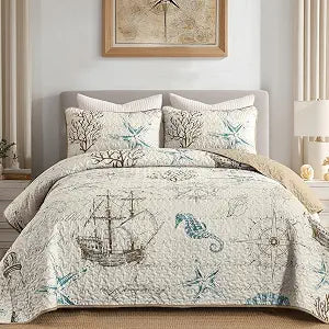 Dinjoy Coastal Bedding Quilt Set King Size, Khaki Ocean Beach Themed Bedspreads Bedding Set, Coral Starfish Microfiber Lightweight Spring Summer Coverlet with 2 Pillow Shams 104x90 Inch