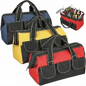 Sanwuta 3 Pack Tool Bag for Men with Waterproof Hard Bottom, Heavy Duty Tool Bag Wide Mouth Tote for Various Instrument, Electrician Carpenter Mechanic(Blue, Red, Yellow,16 Inch,Classic)