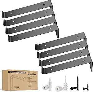 BATODA Pack 8 - 12 Shelf Brackets with Lip (Match 11.25" Board) - 8 Pcs Z Shelf Bracket Black - Heavy Duty Hook Brackets for Shelves - Wall Mounted Support for DIY - Shelving Hardware Included