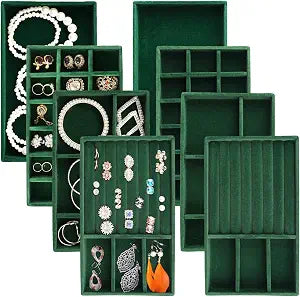 Jewelry Trays for Drawers, Set of 8 Stackable Velvet Jewelry Tray Inserts for Rings, Earrings, Necklaces, Bracelets  Fits Most Dresser/Closet Drawers, NonSlip Lined, Green