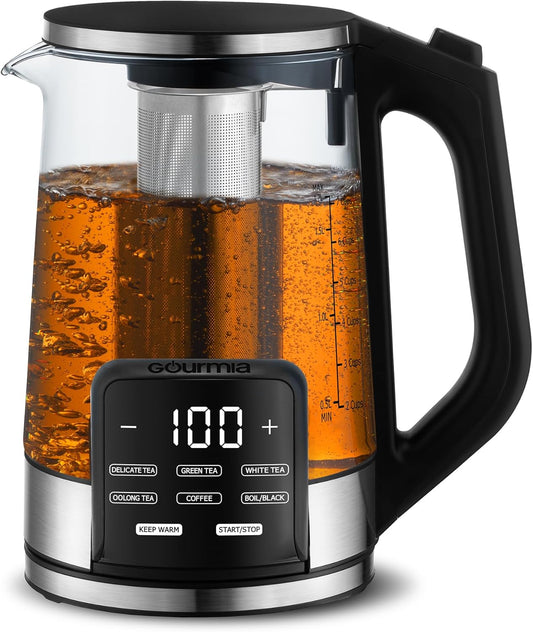 Gourmia Electric Programmable Glass Kettle \u2013 1.7L Temperature Control Tea & Coffee Kettle with Digital Touch Display, 6 Presets, Keep Warm, Removable Stainless Steel Infuser, 360 Swivel Base \u2013 Black