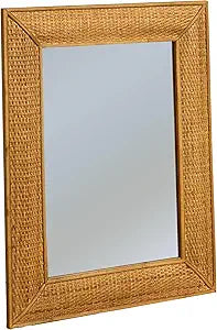 Creative Co-Op Rectangle Wood Framed Wall Mirror with Rattan Detail, Brown