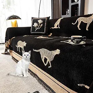 Chenille Sofa Cover with Tassels, Non-Slip Couch Cover for Seat Sofas, Washable Furniture Protector for Pets & Kids, Modern Leopard Pattern Chenille Blanket (Black, 71"x165")