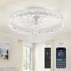 LEDIARY 20 Inch Low Profile Ceiling Fans with Lights and Remote, Fandelier Ceiling Fan Flush Mount, 3000K-6000K Dimmable LED Fan Light, White Modern Ceiling Fans with Lights for Bedroom