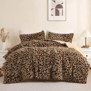 Cheetah Print Fluffy Faux Fur Comforter Set Full Size, 3 Pieces Brown Leopard Plush Shaggy Fuzzy Bedding Set, Ultra Soft Luxury Furry Boho Animal Print All Season Comforter for Women Girls