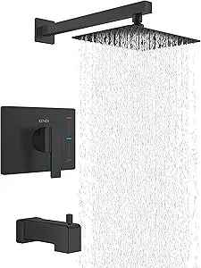 KENES Matte Black Tub Shower Faucet Set Complete with 10-Inch Rainfall Shower Head and Tub Spout, Square Tub and Shower Trim Kit, KE-6024A-2 (Shower Valve Included)