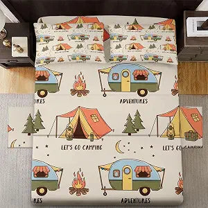 WeCozy 4 Pcs Queen Size Bed Sheet Sets with 2 Pillowcases, Camping Retro Summer Camp Soft Microfiber Bedding for Kids and Adults, Forest Nature Rv Flat, Fitted Sheet for Bedroom Bed Decor