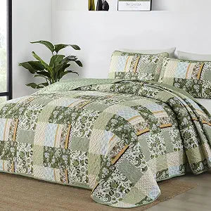 WONGS BEDDING Quilt Set Queen Size, Green Patchwork Bedspread with 2 Shams