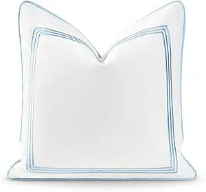 Hofdeco Premium Coastal Hampton Style Patio Indoor Outdoor Pillow Cover Only, 20"x20" Water Resistant for Backyard, Couch, Baby Blue Embroidered Square Line