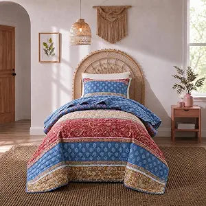Boho Twin Quilt Bedding Set, 2 Pieces Soft Bedspread, Red