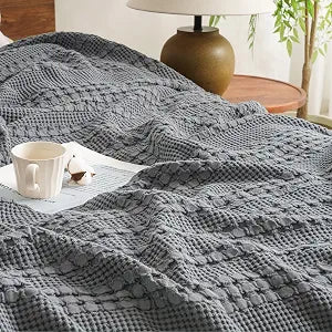 David's Home 100% Cotton Waffle Blanket Queen Size, Lightweight Breathable Soft Cooling Blanket for All Seasons, Gift for Women, Aesthetics Home Decor for Couch Sofa Bedding,Grey,90x90