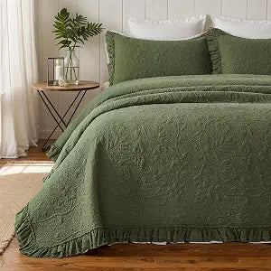 Brandream Queen Size Quilt Set Cotton Olive Green Vintage Floral and Vines Matelasse Bedding Ruffled Quilt Set 3-Piece