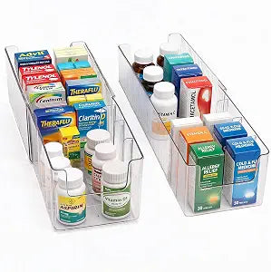 Expandable Medicine Cabinet Organizer 2 Pack, 5 Compartments Adjustable Clear Medicine Storage Box Bin with Removable Dividers, Vitamin Bottle Medication Organizer for Countertop Bathroom